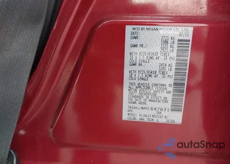 2015 Nissan Pathfinder Platinum/S/Sl/Sv из США, поврежденный, VIN 5N1AR2MN4FC647631